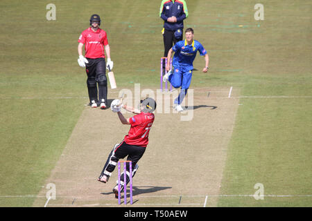 County Durham, UK. 19th Apr 2019. Dieter Klein pulls Matt Salisbury for 4 during the ECB Royal London One-Day Cup match between Durham CCC v Leicestershire CCC at the Emirates Riverside, County Durham, England on 19 April 2019. Photo by John Mallett.  Editorial use only, license required for commercial use. No use in betting, games or a single club/league/player publications. Credit: UK Sports Pics Ltd/Alamy Live News Stock Photo