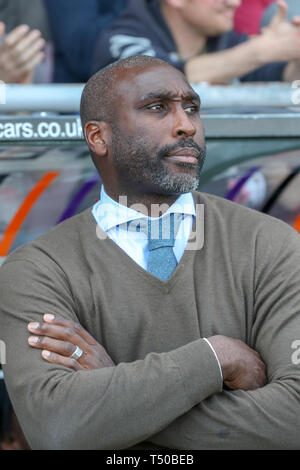 Northampton, UK. 19th Apr 2019. Macclesfield Town's manager Sol Campbell before the Sky Bet League 2 match between Northampton Town and Macclesfield Town at the PTS Academy Stadium, Northampton on Friday 19th April 2019.   No use in betting, games or a single club/league/player publications.  May not be used for publications involving 1 player, 1 club or 1 competition without written authorisation from Football Data Co Ltd. Credit: MI News & Sport /Alamy Live News Stock Photo