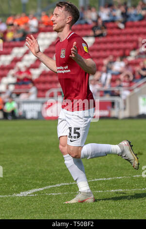 Northampton, UK. 19th Apr 2019. Dean Bowditch celebrates after scoring for Northampton Town, to take the lead making it 1 - 0 against Macclesfield Town, during the Sky Bet League 2 match between Northampton Town and Macclesfield Town at the PTS Academy Stadium, Northampton on Friday 19th April 2019.   No use in betting, games or a single club/league/player publications. Credit: MI News & Sport /Alamy Live News Stock Photo