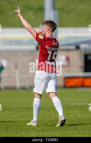 Northampton, UK. 19th Apr 2019. Dean Bowditch celebrates after scoring for Northampton Town, to take the lead making it 1 - 0 against Macclesfield Town, during the Sky Bet League 2 match between Northampton Town and Macclesfield Town at the PTS Academy Stadium, Northampton on Friday 19th April 2019.   No use in betting, games or a single club/league/player publications. Credit: MI News & Sport /Alamy Live News Stock Photo