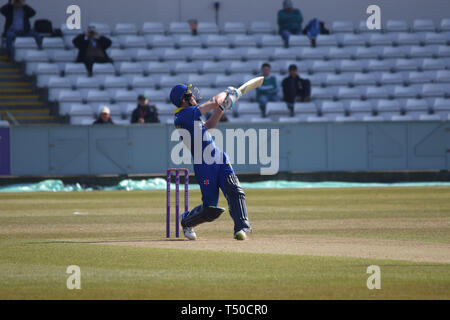 County Durham, UK. 19th Apr, 2019. Cameron Bancroft s hit on the helmet during the ECB Royal London One-Day Cup match between Durham CCC v Leicestershire CCC at the Emirates Riverside, County Durham, England on 19 April 2019. Photo by John Mallett. Editorial use only, license required for commercial use. No use in betting, games or a single club/league/player publications. Credit: UK Sports Pics Ltd/Alamy Live News Stock Photo