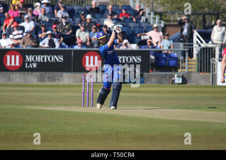 County Durham, UK. 19th Apr, 2019. Scott Steel drives for 4 during the ECB Royal London One-Day Cup match between Durham CCC v Leicestershire CCC at the Emirates Riverside, County Durham, England on 19 April 2019. Photo by John Mallett. Editorial use only, license required for commercial use. No use in betting, games or a single club/league/player publications. Credit: UK Sports Pics Ltd/Alamy Live News Stock Photo