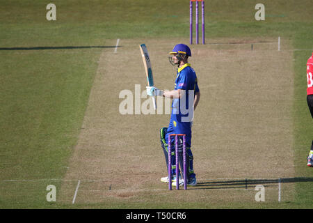 County Durham, UK. 19th Apr, 2019. Cameron Bancroft acnowledges his 50 during the ECB Royal London One-Day Cup match between Durham CCC v Leicestershire CCC at the Emirates Riverside, County Durham, England on 19 April 2019. Photo by John Mallett. Editorial use only, license required for commercial use. No use in betting, games or a single club/league/player publications. Credit: UK Sports Pics Ltd/Alamy Live News Stock Photo