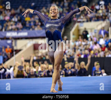 Fort Worth, TX, USA. 19th Apr, 2019. Michigan's Olivia Karas performs on the floor exercise during the NCAA 2019 Women's National Collegiate Gymnastics Championship Semi-Final 1 at the Fort Worth Convention Center in Fort Worth, TX. Kyle Okita/CSM/Alamy Live News Stock Photo