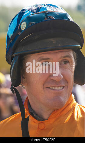 Hungerford, West Berkshire, UK. 19th Apr 2019. Melbourne 10 Racing Camel Racing winner AP McCoy (Sir Anthony Peter McCoy OBE, commonly known as AP McCoy ) former champion horse racing jockey The Peter O'Sullevan Lambourn Open Day is a unique opportunity to visit Lambourn Valley trainers' yards and come face to face with the horses and trainers along with their staff and jockeys in the morning with popular horse events in the main arena in the afternoon Stock Photo