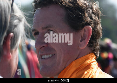 Hungerford, West Berkshire, UK. 19th Apr 2019. Melbourne 10 Racing Camel Racing winner AP McCoy (Sir Anthony Peter McCoy OBE, commonly known as AP McCoy ) former champion horse racing jockey The Peter O'Sullevan Lambourn Open Day is a unique opportunity to visit Lambourn Valley trainers' yards and come face to face with the horses and trainers along with their staff and jockeys in the morning with popular horse events in the main arena in the afternoon ws Stock Photo