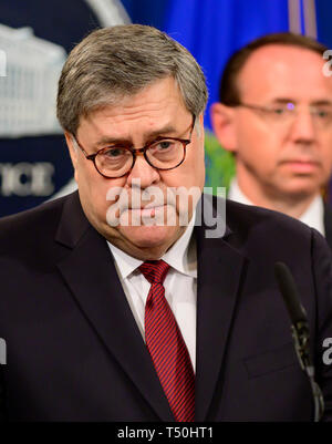 United States Attorney General William P. Barr, center, Edward O'Callaghan, principal deputy assistant attorney general of the National Security Division, left, and US Deputy Attorney General Rod Rosenstein, right, conduct a press conference at the US Department of Justice in Washington, DC on April 18, 2019. They are speaking in advance of the release of the redacted version of the Mueller Report. Credit: Ron Sachs/CNP (RESTRICTION: NO New York or New Jersey Newspapers or newspapers within a 75 mile radius of New York City) | usage worldwide Stock Photo