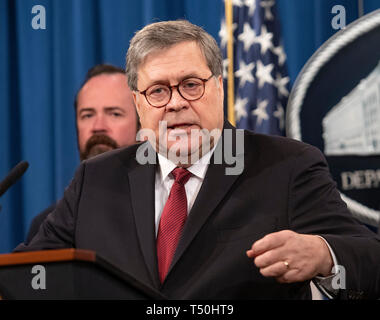 United States Attorney General William P. Barr, center, Edward O'Callaghan, principal deputy assistant attorney general of the National Security Division, left, and US Deputy Attorney General Rod Rosenstein, right, conduct a press conference at the US Department of Justice in Washington, DC on April 18, 2019. They are speaking in advance of the release of the redacted version of the Mueller Report. Credit: Ron Sachs/CNP (RESTRICTION: NO New York or New Jersey Newspapers or newspapers within a 75 mile radius of New York City) | usage worldwide Stock Photo