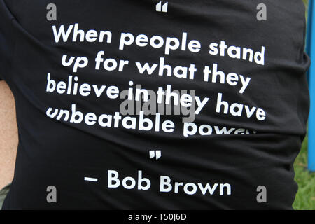 Sydney, Australia. 20th April 2019. The Stop Adani convoy held a rally in Sydney at Bowling Green in Parramatta Park. The Stop Adani convoy departed Hobart on April 17 and will make various stops on its way to the Galilee Basin, holding rallies along the way, before heading to the capital, Canberra. The rally is organised by former Greens leader Bob Brown. Credit: Richard Milnes/Alamy Live News Stock Photo