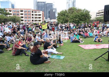 Sydney, Australia. 20th April 2019. The Stop Adani convoy held a rally in Sydney at Bowling Green in Parramatta Park. The Stop Adani convoy departed Hobart on April 17 and will make various stops on its way to the Galilee Basin, holding rallies along the way, before heading to the capital, Canberra. The rally is organised by former Greens leader Bob Brown. Credit: Richard Milnes/Alamy Live News Stock Photo