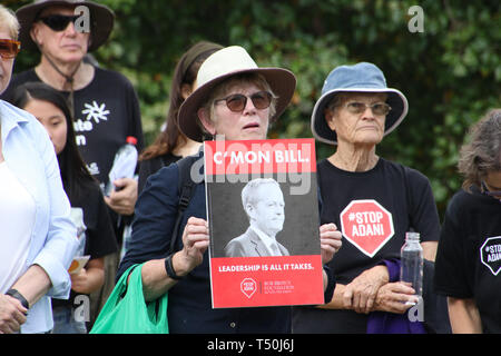 Sydney, Australia. 20th April 2019. The Stop Adani convoy held a rally in Sydney at Bowling Green in Parramatta Park. The Stop Adani convoy departed Hobart on April 17 and will make various stops on its way to the Galilee Basin, holding rallies along the way, before heading to the capital, Canberra. The rally is organised by former Greens leader Bob Brown. Credit: Richard Milnes/Alamy Live News Stock Photo