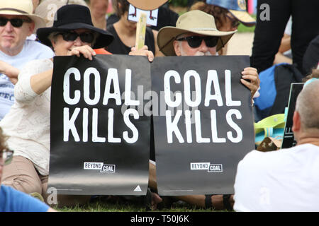 Sydney, Australia. 20th April 2019. The Stop Adani convoy held a rally in Sydney at Bowling Green in Parramatta Park. The Stop Adani convoy departed Hobart on April 17 and will make various stops on its way to the Galilee Basin, holding rallies along the way, before heading to the capital, Canberra. The rally is organised by former Greens leader Bob Brown. Credit: Richard Milnes/Alamy Live News Stock Photo