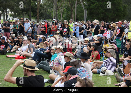 Sydney, Australia. 20th April 2019. The Stop Adani convoy held a rally in Sydney at Bowling Green in Parramatta Park. The Stop Adani convoy departed Hobart on April 17 and will make various stops on its way to the Galilee Basin, holding rallies along the way, before heading to the capital, Canberra. The rally is organised by former Greens leader Bob Brown. Credit: Richard Milnes/Alamy Live News Stock Photo