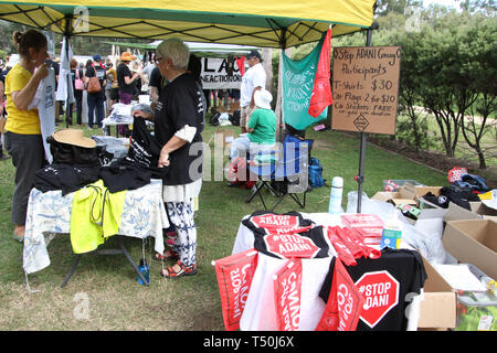 Sydney, Australia. 20th April 2019. The Stop Adani convoy held a rally in Sydney at Bowling Green in Parramatta Park. The Stop Adani convoy departed Hobart on April 17 and will make various stops on its way to the Galilee Basin, holding rallies along the way, before heading to the capital, Canberra. The rally is organised by former Greens leader Bob Brown. Credit: Richard Milnes/Alamy Live News Stock Photo