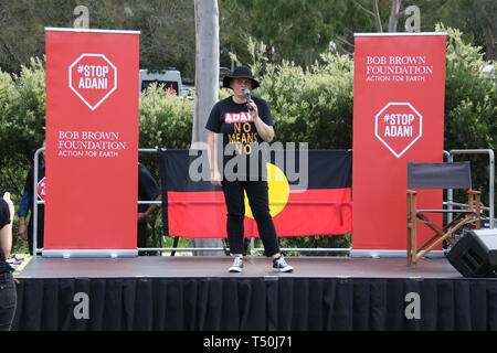 Sydney, Australia. 20th April 2019. The Stop Adani convoy held a rally in Sydney at Bowling Green in Parramatta Park. The Stop Adani convoy departed Hobart on April 17 and will make various stops on its way to the Galilee Basin, holding rallies along the way, before heading to the capital, Canberra. The rally is organised by former Greens leader Bob Brown. Credit: Richard Milnes/Alamy Live News Stock Photo