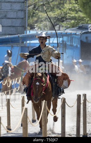 Tokyo, Japan. 20th Apr, 2019. A rider wearing traditional Japanese costume participates in a horseback archery ''Yabusame'' event at Sumida Park in Asakusa. The annual event is held in Sumida park by horseback archers aiming arrows at a target from a galloping horse. Credit: Rodrigo Reyes Marin/ZUMA Wire/Alamy Live News Stock Photo