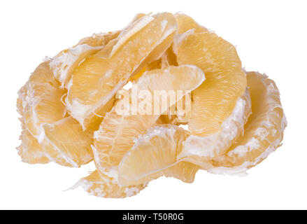 Grapefruit segments. Citrus. Peeled pomelo split into pieces.Pile of delicious sweet and sour exotic fruit divided to parts. Healthy vegetarian snack. Stock Photo