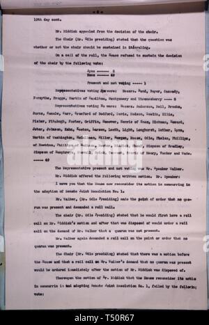 Page eighteen of the certificate of ratification of the Nineteenth Amendment to the Constitution, together with the resolution and transcript of the Journals of the Two Houses of the General Assembly of the State of Tennessee, August 24, 1920. Image courtesy National Archives. () Stock Photo