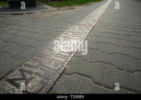 Warsaw, Poland. April, 2018.  the indication on the ground of the position where the wall of the Warsaw ghetto was located during the second world war Stock Photo