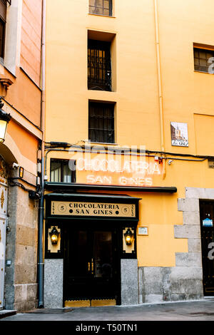 Exterior of the San Gines Chocolateria in Madrid where  famous churros with hot chocolate are made Stock Photo
