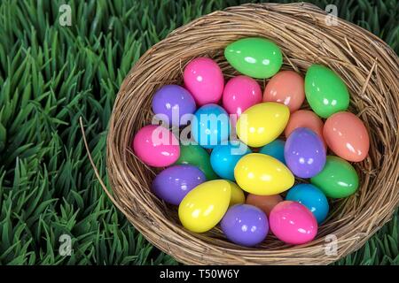 colorful Easter eggs in bird nest on green grass Stock Photo