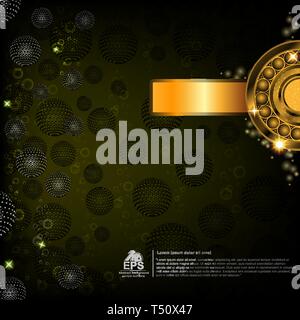 green abstract background with pattern circle shapes and golden banner Stock Vector