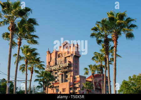 Orlando, Florida, March 27, 2019.The Twilight zone Tower of Terror and palm trees in Hollywood Studios at Walt Disney World . Stock Photo