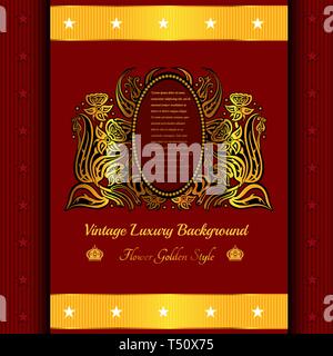 red background with abstract golden flower and horizontal gold part with stars,card or greeting Stock Vector