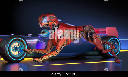 Red robot dog is racing with sport car. 3D illustration Stock Photo