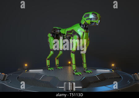 Green robot dog stands on a charging dock. 3D illustration Stock Photo