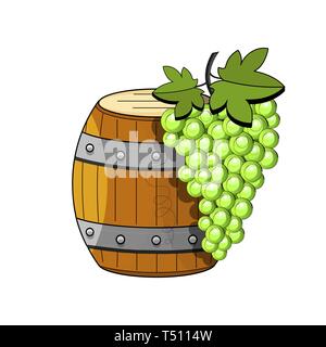 Sketch illustration on white background. Vector illustration. Isolated object. Vector wooden barrel with wine. Sketch of grapes. Stock Vector