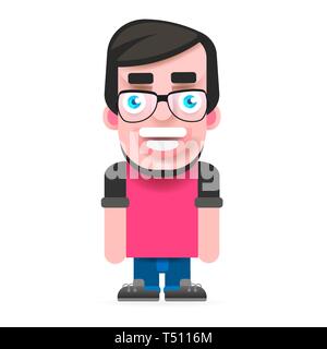 Young Hipster With Glasses And A Beard In A Pink T-shirt. Vector Stock Vector
