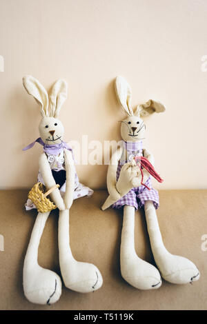 A pair of handmade Easter rabbits made of cloth Stock Photo