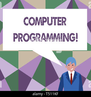 Writing note showing Computer Programming. Business concept for process that instructs a computer on how to do a task Businessman Smiling and Talking  Stock Photo
