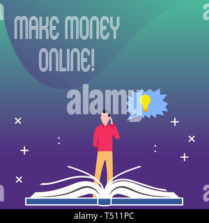 Writing note showing Make Money Online. Business concept for making profit using internet like freelancing or marketing Man Standing Behind Open Book  Stock Photo