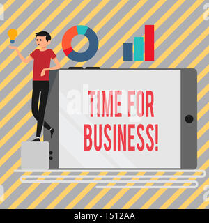 Writing note showing Time For Business. Business concept for fulfil transactions within period promised to client Man Leaning on Smartphone Turned on  Stock Photo