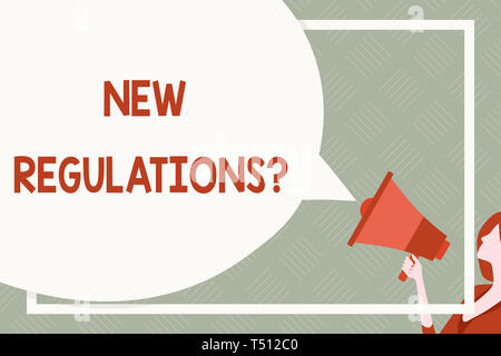 Text sign showing New Regulations Question. Business photo text rules made government order control way something is done Huge Blank Speech Bubble Rou Stock Photo