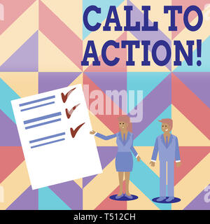Conceptual hand writing showing Call To Action. Concept meaning exhortation do something in order achieve aim with problem Man and Woman Presenting Re Stock Photo