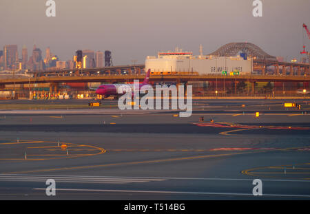 NEWARK, NJ -3 APR 2019- View of an Airbus A321 airplane from Icelandic ultra low-cost airline WOW Air (WW) parked at Newark Liberty International Airp Stock Photo