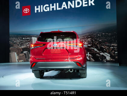 New York, NY - April 17, 2019: Presentation of new compact car Yaris and Highlander SUV Toyota cars at 2019 New York International Auto Show at Jacob Javits Center Stock Photo