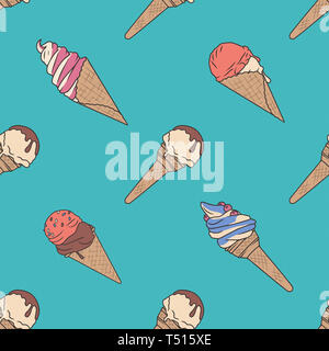 Seamless summer pattern with drawn cartoon ice cream cones on teal blue background Stock Photo