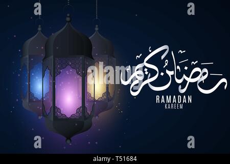 Cover for Ramadan Kareem. Hanging multicolored glowing lanterns with islamic ornament on a dark background. Eid Mubarak. Hand drawn arabic calligraphy Stock Vector