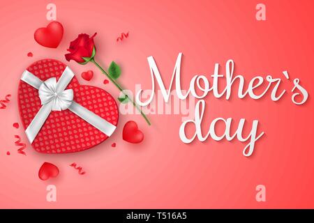 Happy Mothers day cover. Top view. Romantic composition with gift box of pattern heart and rose flower. Festive web banner. Scattered confetti and hea Stock Vector