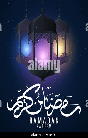 Ramadan Kareem festive flyer. Hanging multicolored glowing lanterns with islamic ornament on a dark background. Eid Mubarak. Hand drawn arabic calligr Stock Vector