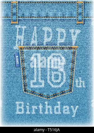 Happy 16th Birthday greeting card. Realistic denim background with jeans pocket for greeting or cash. Vector illustration. All elements are on separat Stock Vector