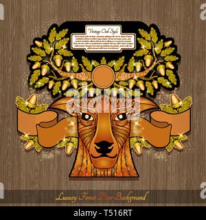 deer head with horns from oak branches shiny banner on wood background. Stock Vector