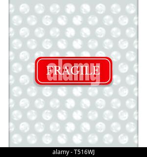 Realistic bubble wrap texture background with red long fragile sticker Stock Vector