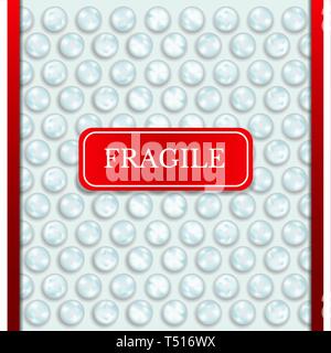 Realistic bubble wrap texture background with red fragile sticker Stock Vector