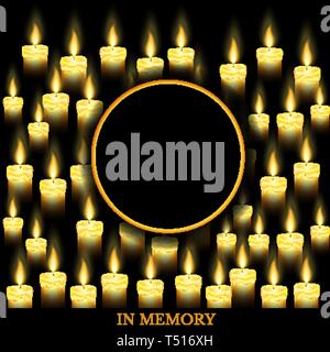 Round frame in center of burning candles on black background. Candolance template Stock Vector
