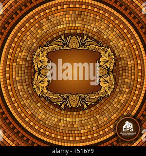 Round greek tile geometric background with grapes frame in center Stock Vector